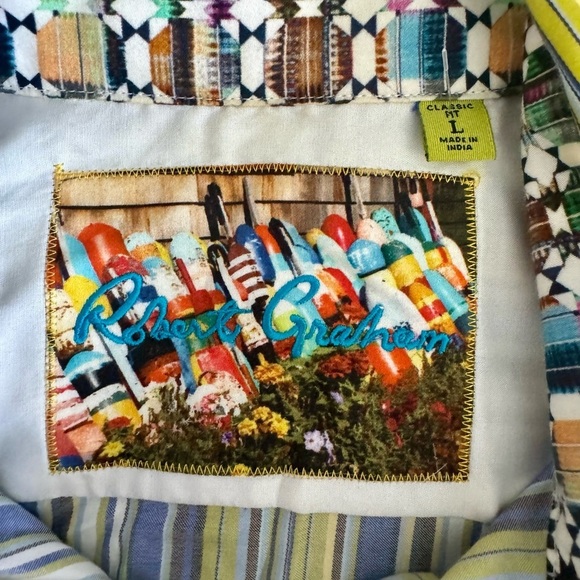 ROBERT GRAHAM Men Lime GreenBlackBlue Striped ButtonUp Cotton Silk Like Shirt-LG - Picture 4 of 11